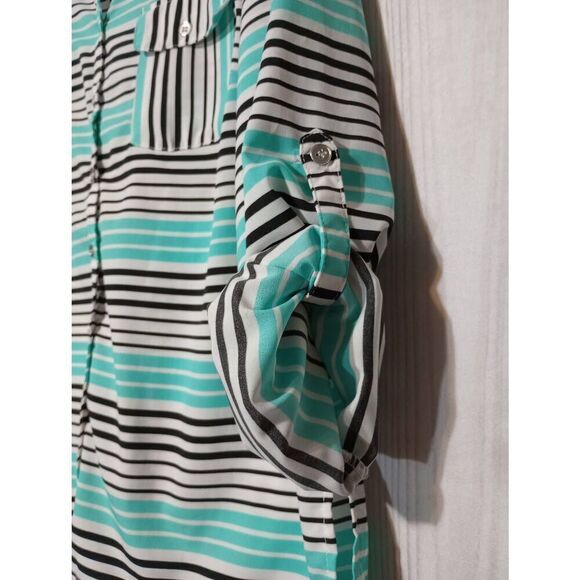 Elementz Shirt Ladies Extra Large Petite Teal Black Striped Button Front Busines - Picture 5 of 8